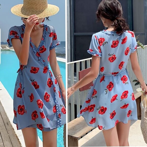 Reformation Garnet Wrap Dress Pelyana V-Neck Floral Print Dress In Blue Ref Sz S - Picture 6 of 16